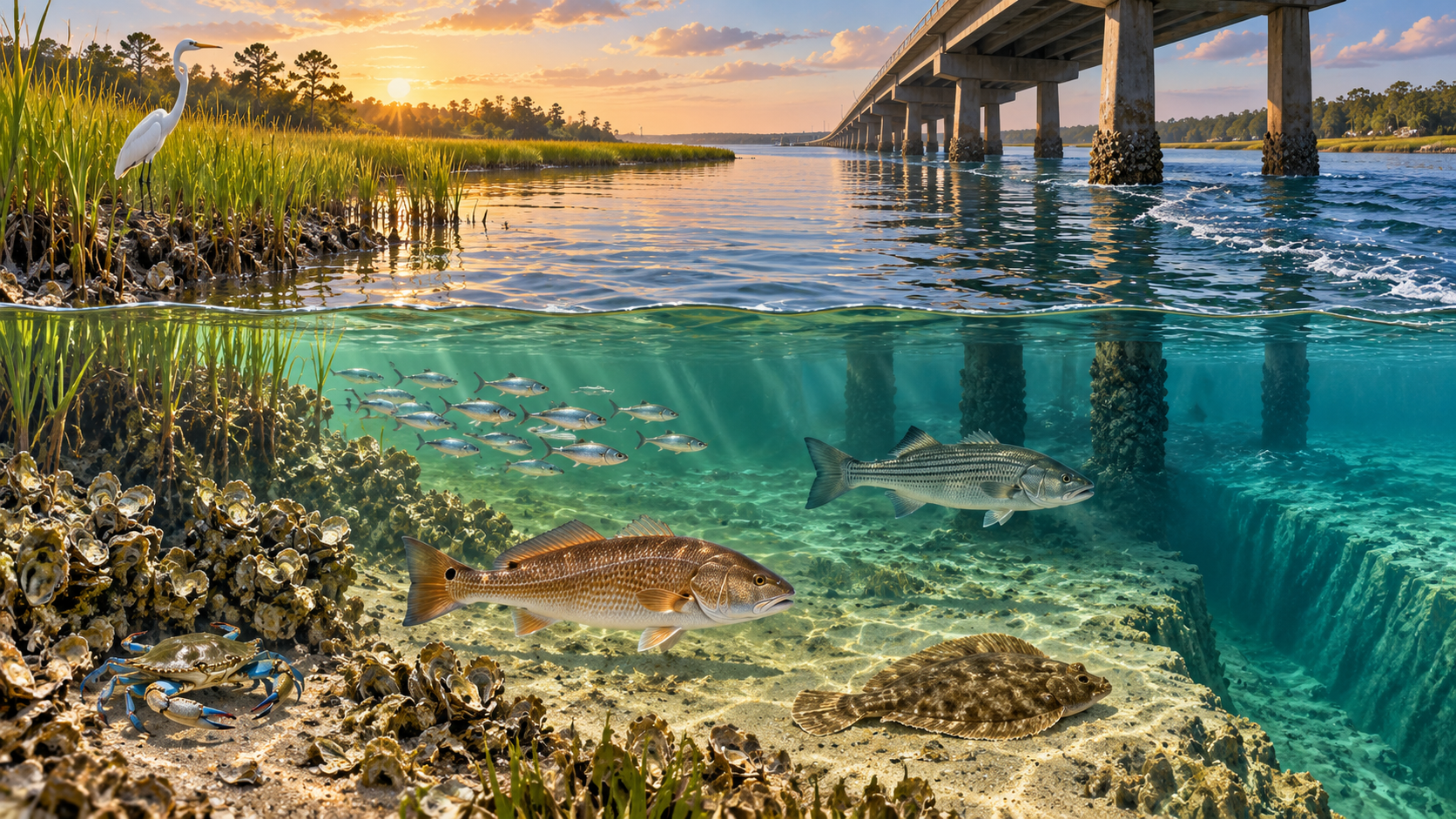 Chesapeake marsh and bridge cutaway with red drum striped bass flounder and blue crab