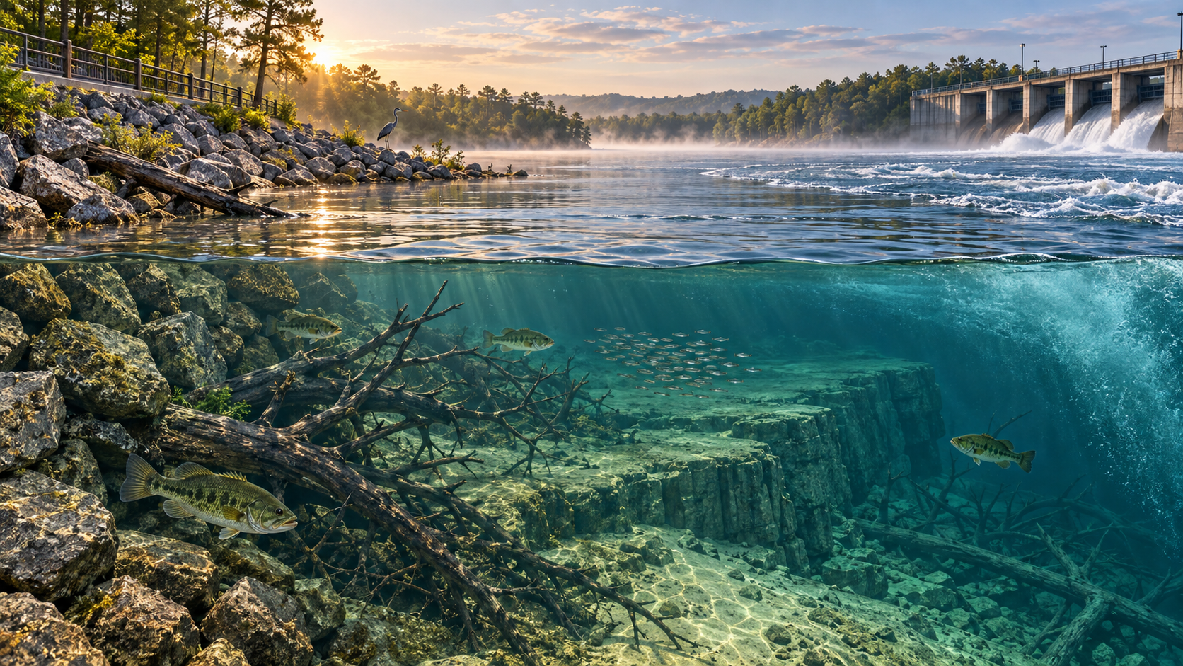 Falls Lake dam shoreline cutaway with largemouth bass habitat