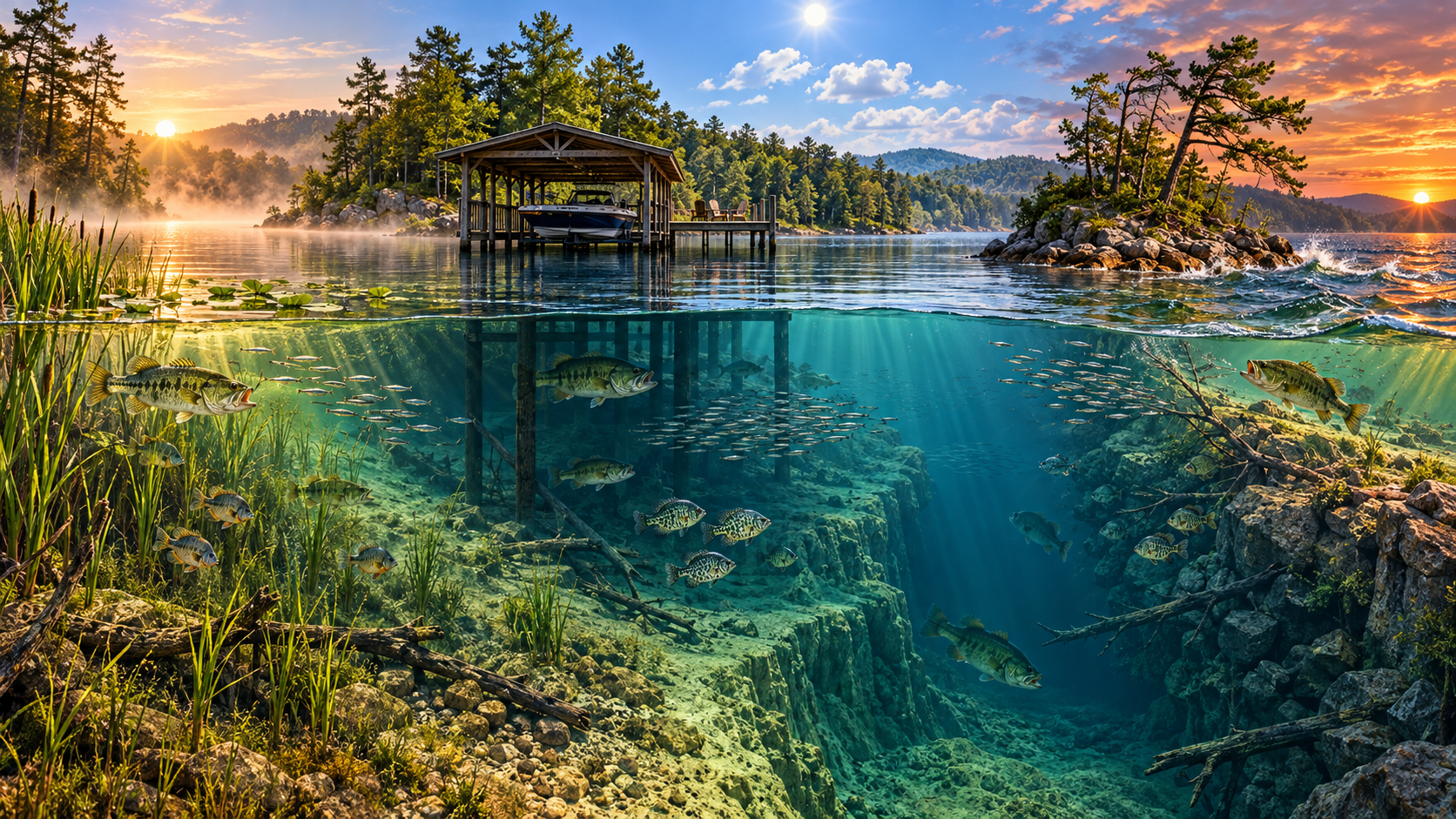 Lake cutaway showing fish positions from dawn through midday to dusk