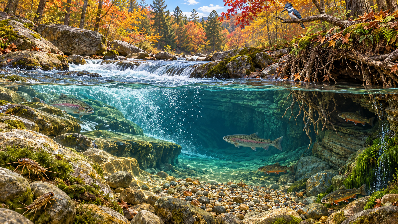 Autumn New Jersey trout stream cutaway with rainbow and brook trout