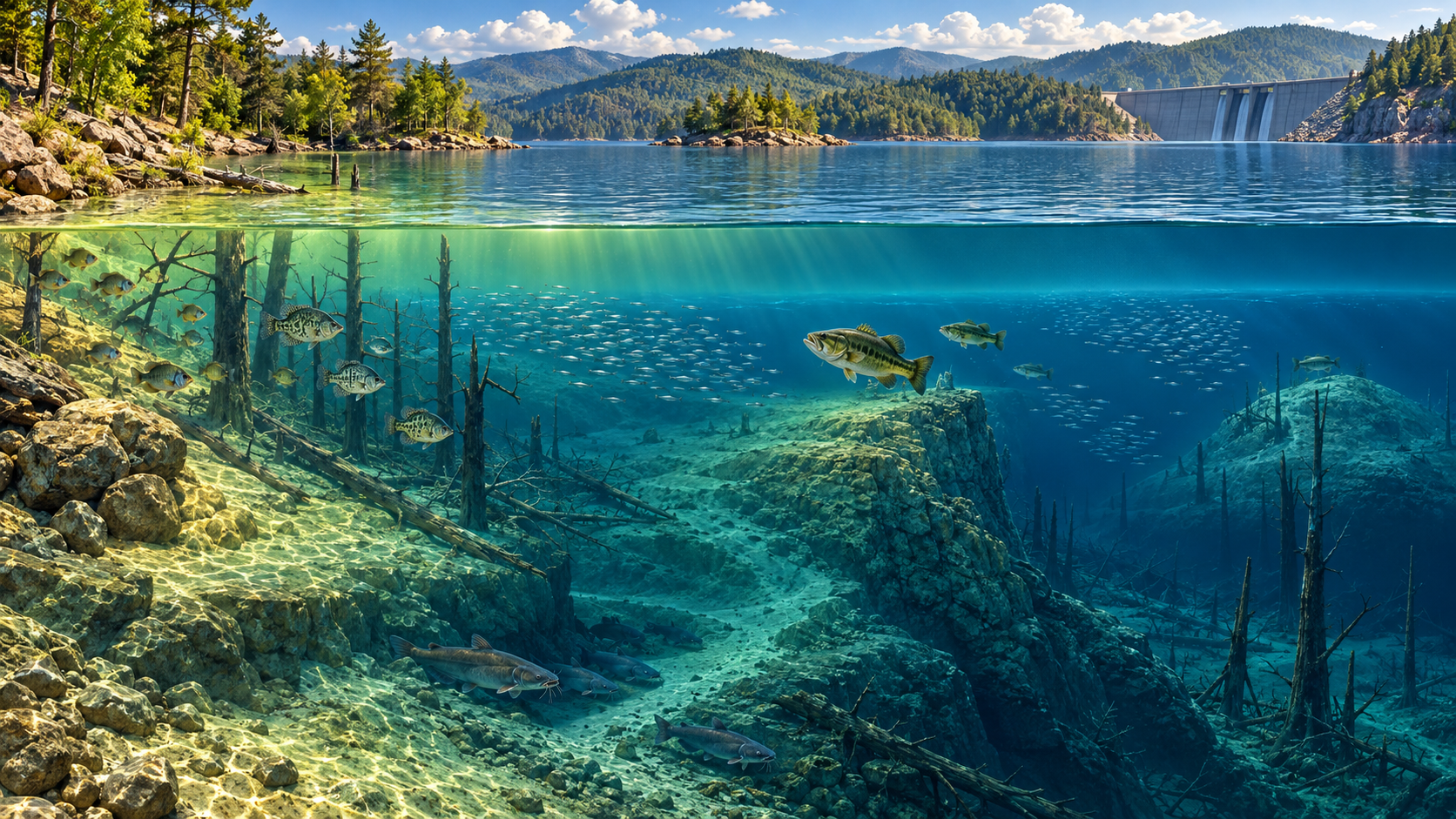 Midsummer reservoir cutaway with thermocline channel timber and suspended fish