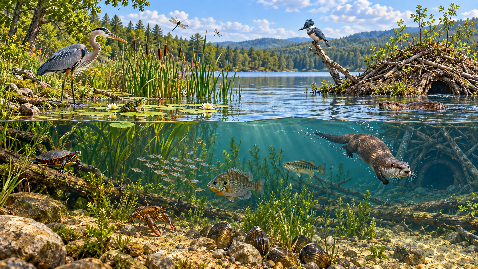 Lake shoreline food web with heron kingfisher turtle otter beaver fish and invertebrates