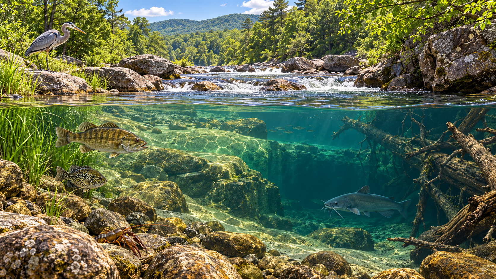 Virginia rocky river cutaway with smallmouth bass rock bass catfish and crayfish