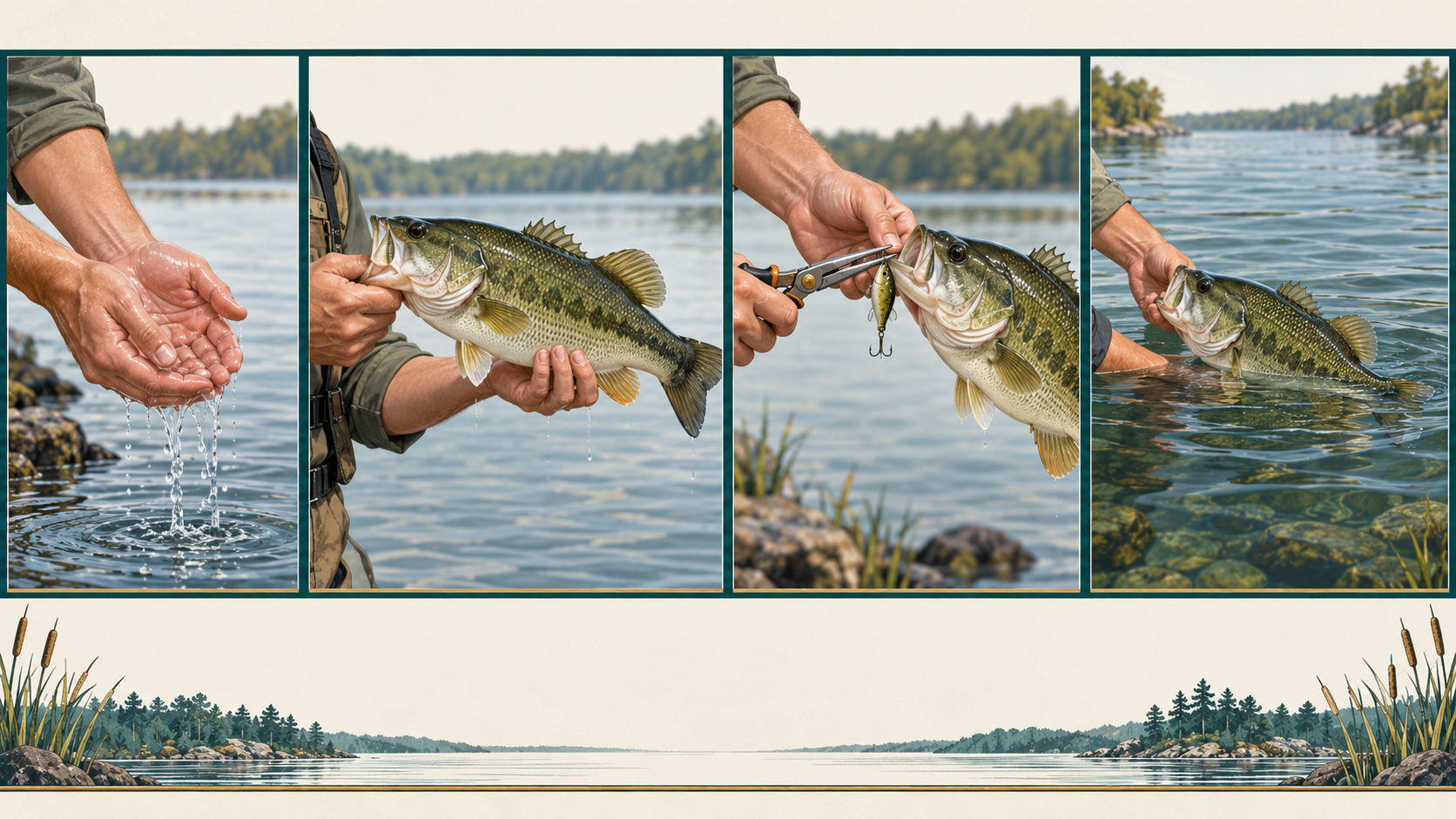 Four-panel ethical fish handling sequence