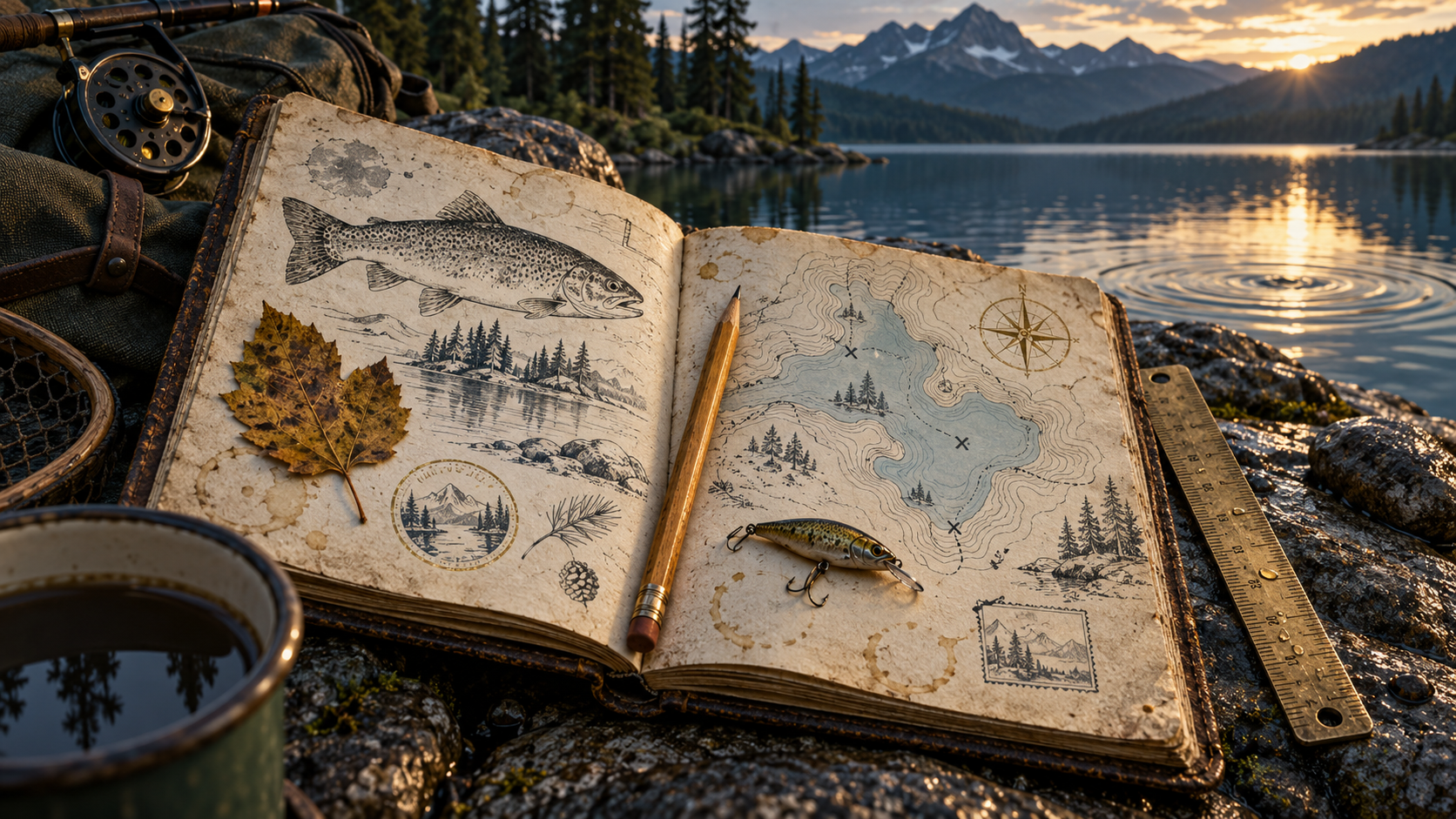 Fishing journal beside a mountain lake