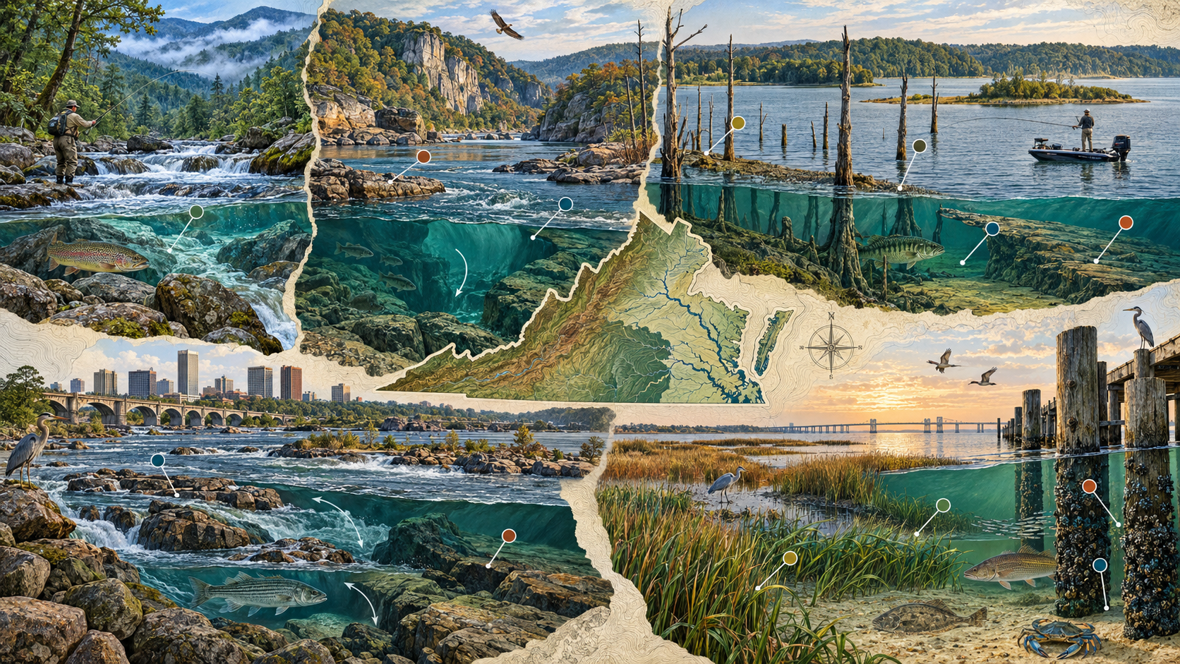 Illustrated Virginia fishing habitat plate